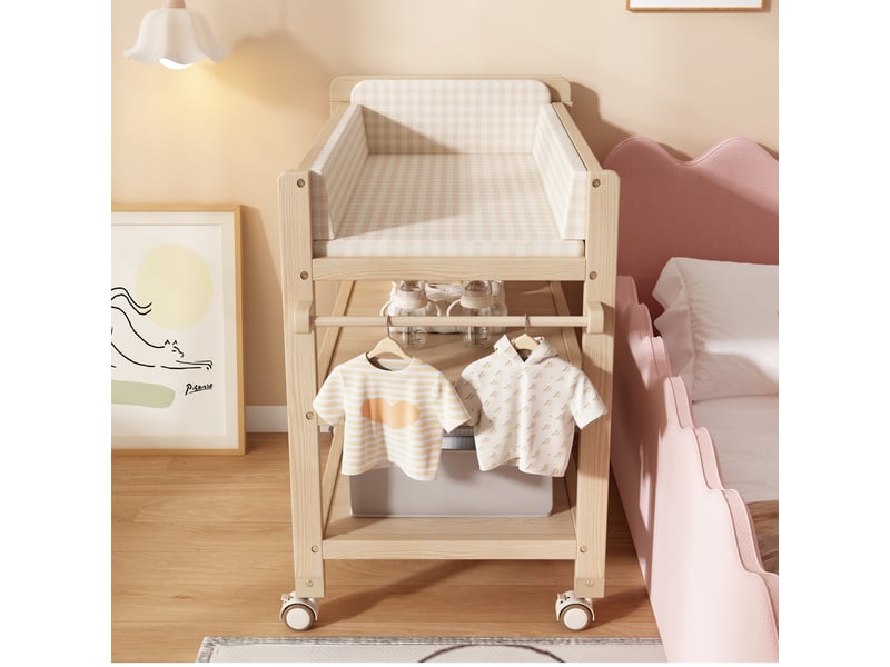 Table à langer 2-en-1 mobile avec rangements, 89 x 58 x 102 cm, bois de pin et mdf naturel - Conforama E