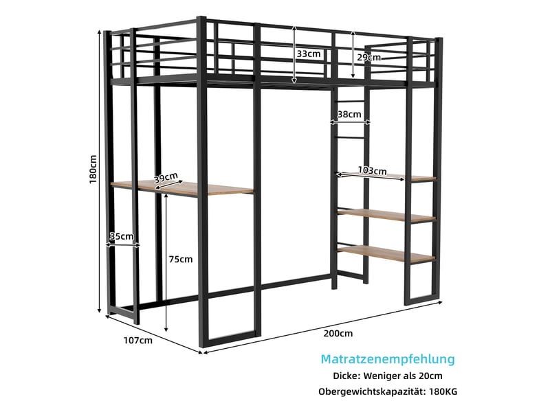 Lit mezzanine 90x190 cm avec bureau, étagère et échelle, métal, noir, sans matelas - Conforama C