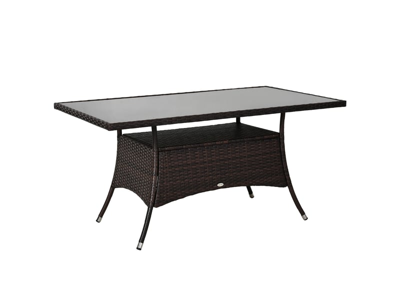 Table de jardin ulevr rectangulaire 150 x 85 x 74 cm en polyrotin, plateau en verre de sécurité, structure en métal, marron - Conforama A