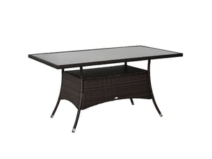Table de jardin ulevr rectangulaire 150 x 85 x 74 cm en polyrotin, plateau en verre de sécurité, structure en métal, marron