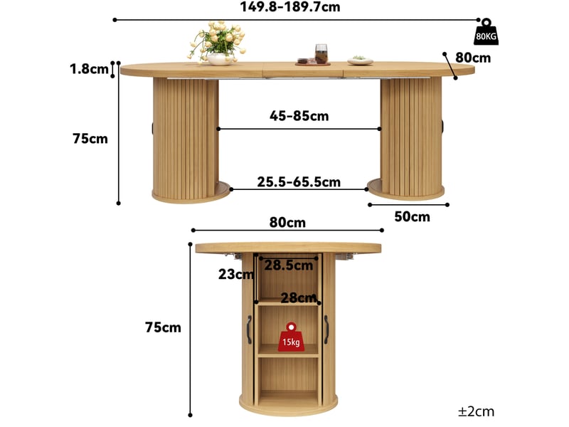  Table à manger extensible  150 à 190 cm avec rangement caché, mdf et métal, naturel  - Conforama C
