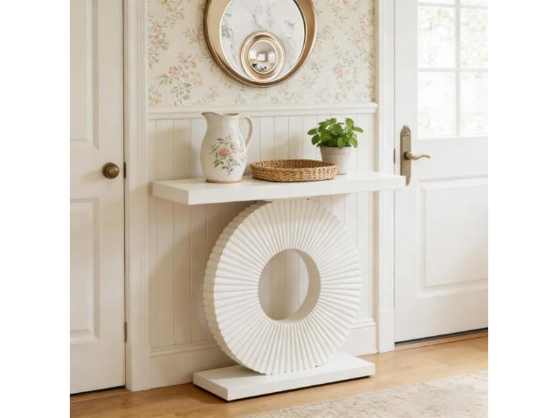  Console d'entrée avec structure métallique, base géométrique et patins réglables pour entrée, salon, en mdf et métal blanc  - Conforama D