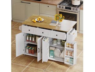 Desserte de cuisine mdf blanc et naturel 140x43(70)x90.5 cm avec 4 portes