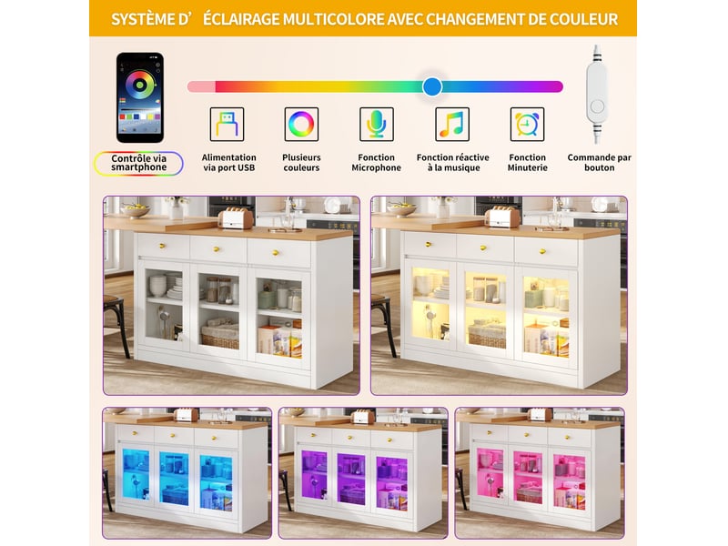  Îlot de cuisine extensible 120-200x40x75,5 cm, led, 3 tiroirs, 3 portes vitrées, desserte, mdf et métal, couleur blanc  - Conforama E