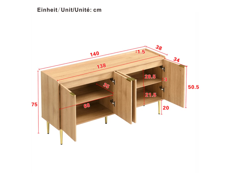  Buffet bas 4 portes en mdf naturel, 140 x 38 x 75 cm, avec étagères réglables et pieds en fer doré  - Conforama E