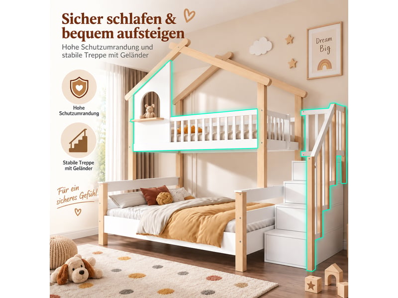 Lit superposé cabane 90x190120x190cm pour 2 enfants, avec escalier de rangement et barrières anti-chute, lit gain de place en bois, blanc et naturel evarich - Conforama D