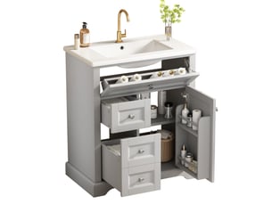 Meuble vasque 76x46x87 cm gris en mdf et céramique, 1 porte, 3 tiroirs, rangement salle de bain