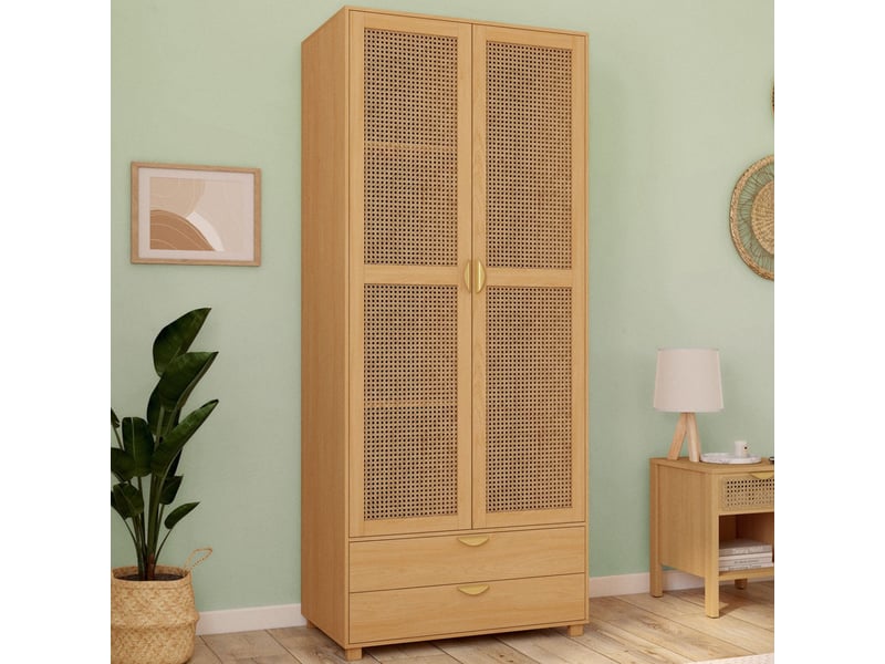 Armoire 2 portes edhen bois et cannage penderie 80 cm avec 2 tiroirs et étagères - Conforama B