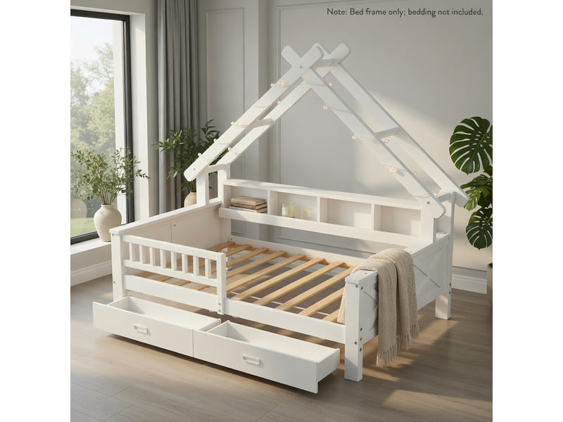  Gutenacht lit cabane en bois 90x200cm avec éclairage led, rangements, tiroirs et garde-corps, blanc  - Conforama B