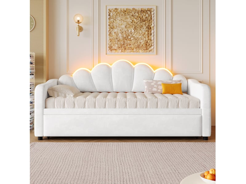  Lit gigogne 90x200 cm avec éclairage led, revêtement en velours blanc  - Conforama D