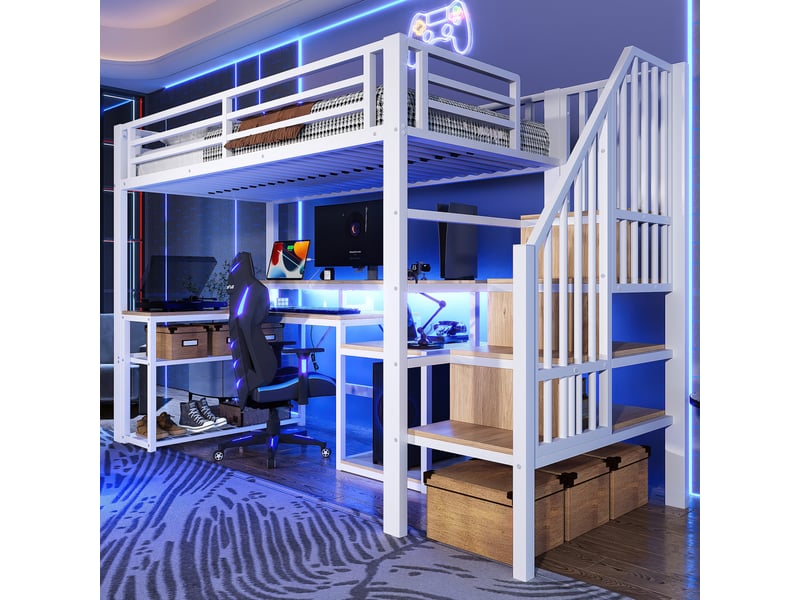  Lit mezzanine 90 x 200 cm sans matelas, structure métal, bureau, led, usb, escalier avec rangement, blanc  - Conforama C