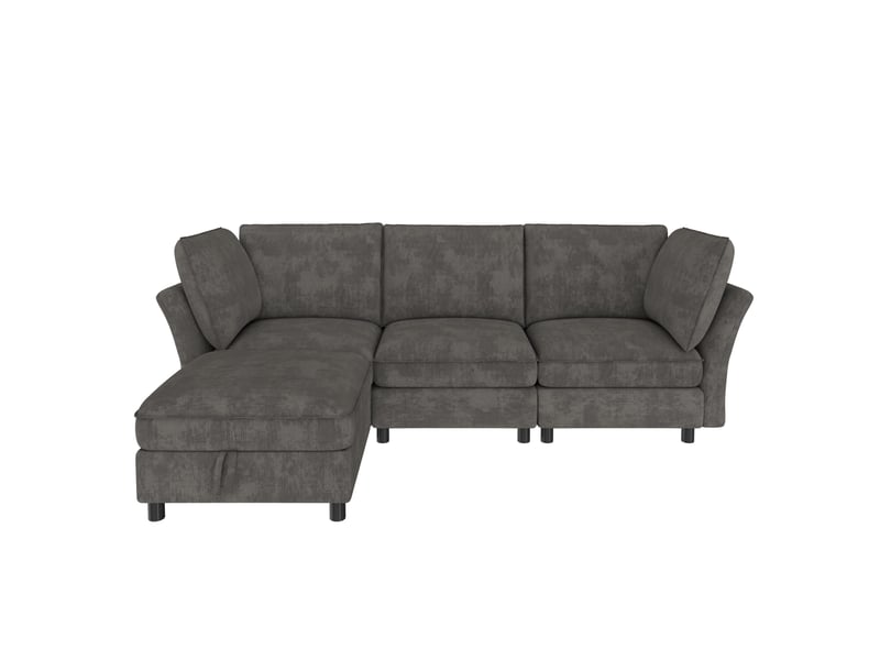  Canapé d’angle modulable 4 places 225 cm avec pouf de rangement, effet cloud, tissu chenille, assise moelleuse, gris  - Conforama A