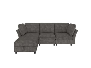 Canapé d’angle modulable 4 places 225 cm avec pouf de rangement, effet cloud, tissu chenille, assise moelleuse, gris