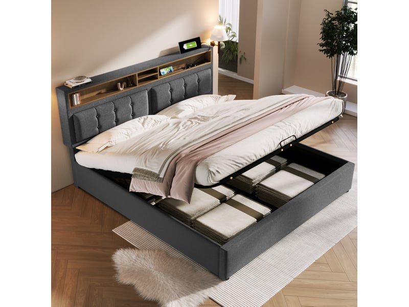 Lit coffre 160x200 avec usb et prises, tête de lit réglable, gris cravdom - Conforama C