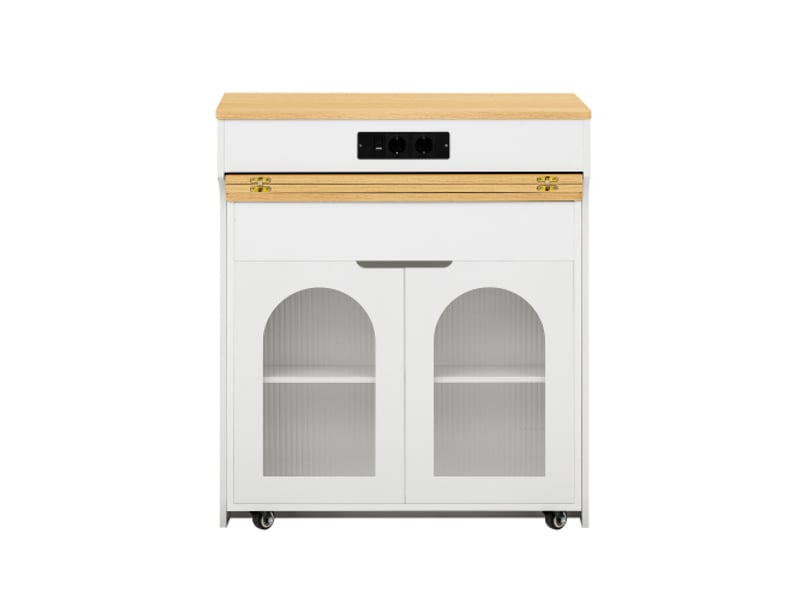  Île de cuisine mobile sur roulettes - table extensible, buffet blanc à 2 tiroirs bar coin repas, multiprise, verre strié  - Conforama A