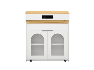 Île de cuisine mobile sur roulettes - table extensible, buffet blanc à 2 tiroirs bar coin repas, multiprise, verre strié