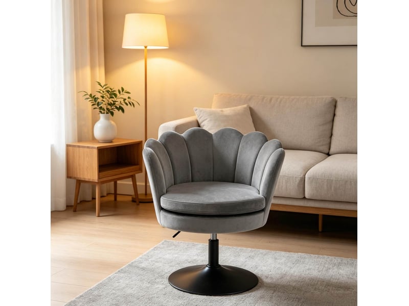 Fauteuil pivotant en forme de fleur, hauteur réglable et accoudoirs intégrés, en velours et métal gris foncé - Conforama C