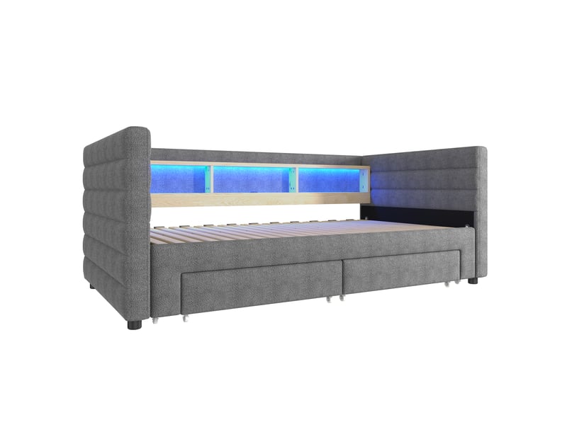  Lit de jour convertible, 90 × 190 cm, design multifonctionnel avec lit gigogne, ports usb et type-c, deux tiroirs, multiples compartiments de rangement, bande lumineuse led, sans matelas, velours, gris  - Conforama D