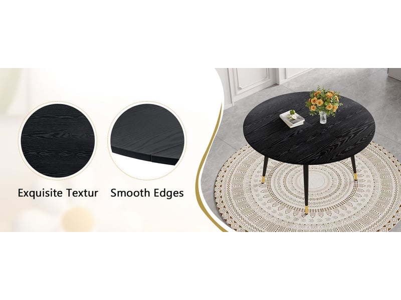 Table extensible moderne table de salle à manger transformable de rond à ovale plateau mdf noir et noyer pieds métal stables gain de place accents dorés - Conforama E