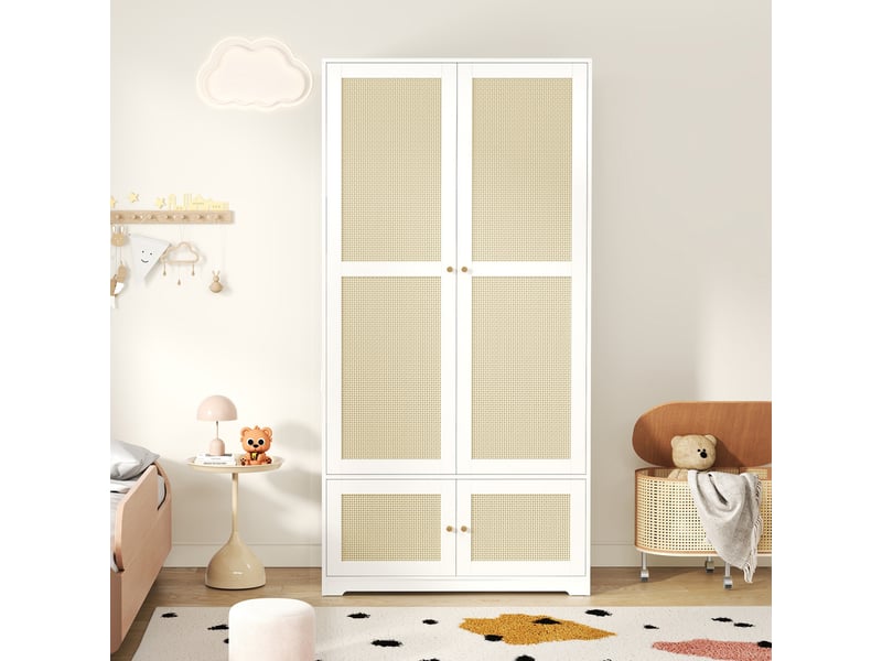 Armoire 2 portes avec penderie et étagères, 90x48x180 cm, mdf blanc, portes en rotin  - Conforama W