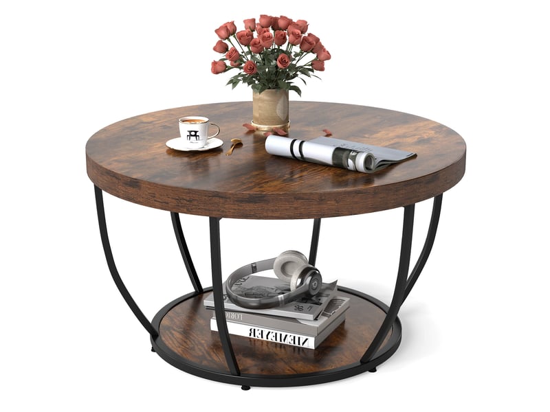  Montage facile - table basse ronde 80 cm, 2 niveaux de rangement, structure métallique, pour salon  - Conforama A