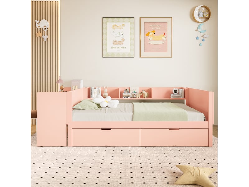  Lit simple 90x200 cm avec bureau, 2 tiroirs et 3 étagères, rose en bois  - Conforama D