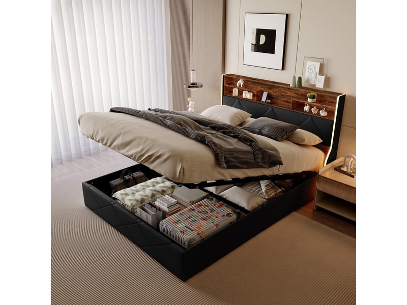  Lit coffre 140x200cm - lit double 140x200 - rembourré simili cuir avec étagère tête de lit, led latérales &amp; ports usb - noir  - Conforama C