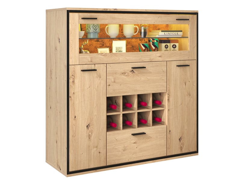  Buffet élégant avec portes doubles, étagères en verre et casier à vin - rangement parfait, bois  - Conforama A