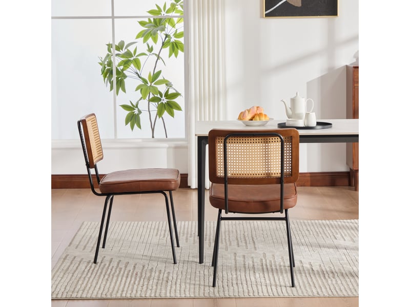  Lot de 2 chaises de salle à manger en cuir pu style vintage, chaises sans accoudoirs avec dossier aspect rotin, marron  - Conforama R
