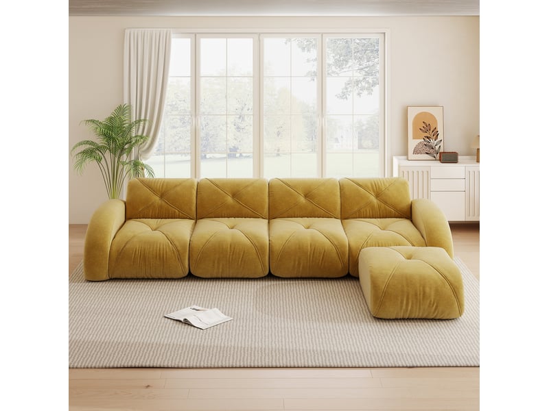  Canapé d'angle modulaire 4 places en velours côtelé jaune, confortable et flexible pour votre salon  - Conforama B
