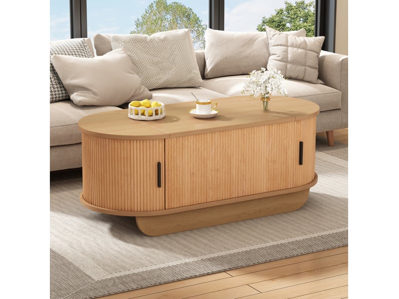 Table basse relevable ovale avec rangement et volets roulants latéraux, à mécanisme hydraulique, en mdf couleur bois - Conforama E