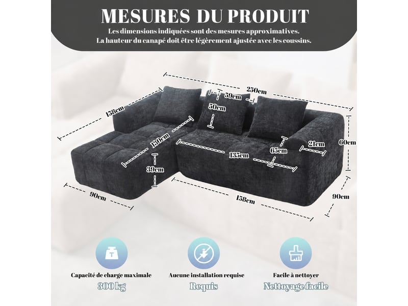  Canapé d’angle noir 3 places avec méridienne modulable en chenille, 250 x 158 cm  - Conforama E