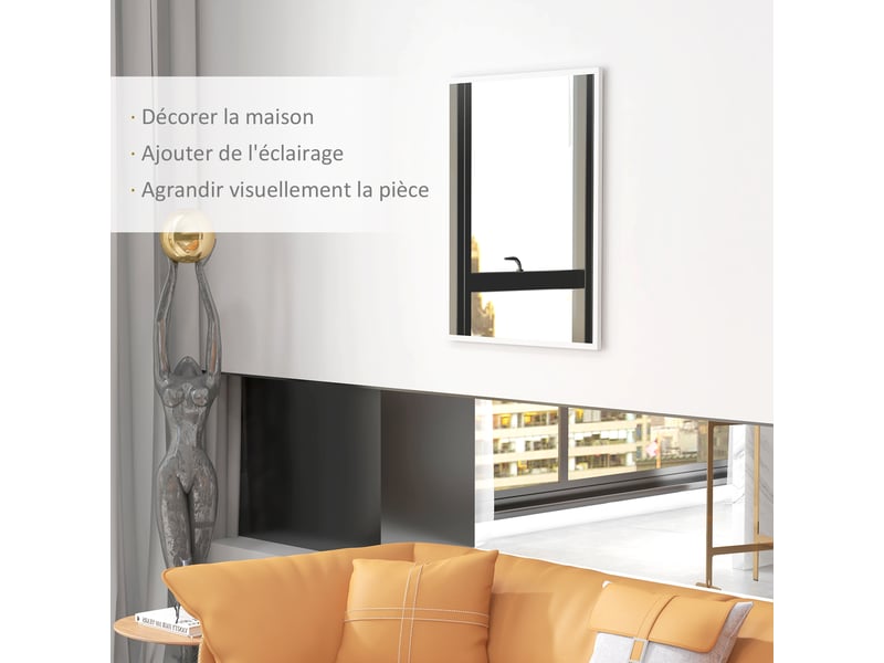  Miroir mural rectangulaire 90 x 70 cm, cadre en bois blanc, salon ou chambre, idéal pour la salle de bain  - Conforama D