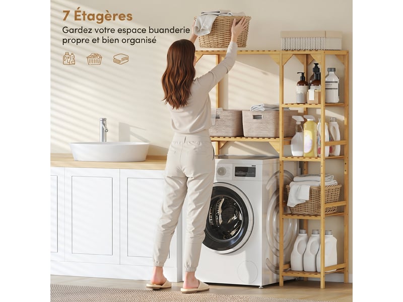 Étagère au-dessus de machine à laver en bambou, bois naturel, meuble de salle de bain moderne avec étagères réversibles - Conforama D