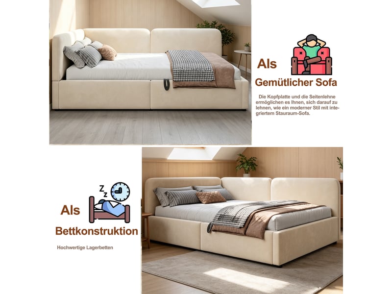  Lit banquette simple 90×200 cm coffre hydraulique, dossier réversible  - sans matelas, velours beige  - Conforama E