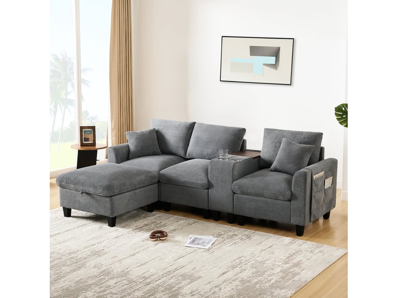  Canapé d'angle modulaire 4 places en velours côtelé gris avec usb et rangement  - Conforama D