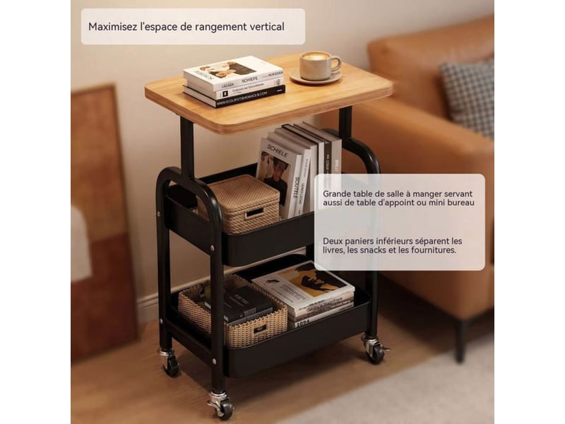 Chariot roulant multifonction 3 niveaux 43x30x60 cm cadre metal noir plateau bois 414350_AACSW71051_6_DROPFR - Conforama C