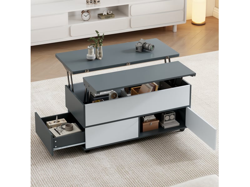  Table basse relevable 100x98x65 cm avec rangement et roulettes en panneau de particules gris  - Conforama C
