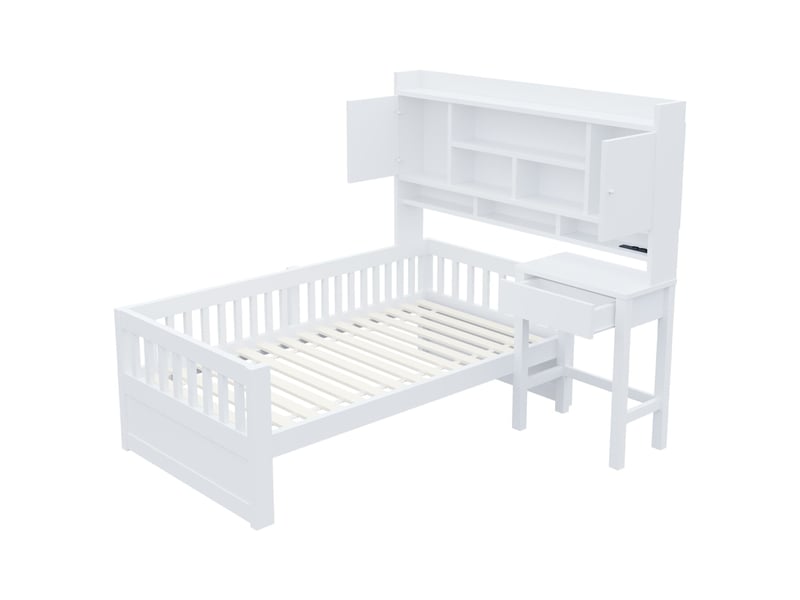  Lit simple en bois, 90 × 200 cm, avec rangement intégré, bureau et tiroirs, éclairage led et prise électrique, barrière de sécurité, blanc  - Conforama E