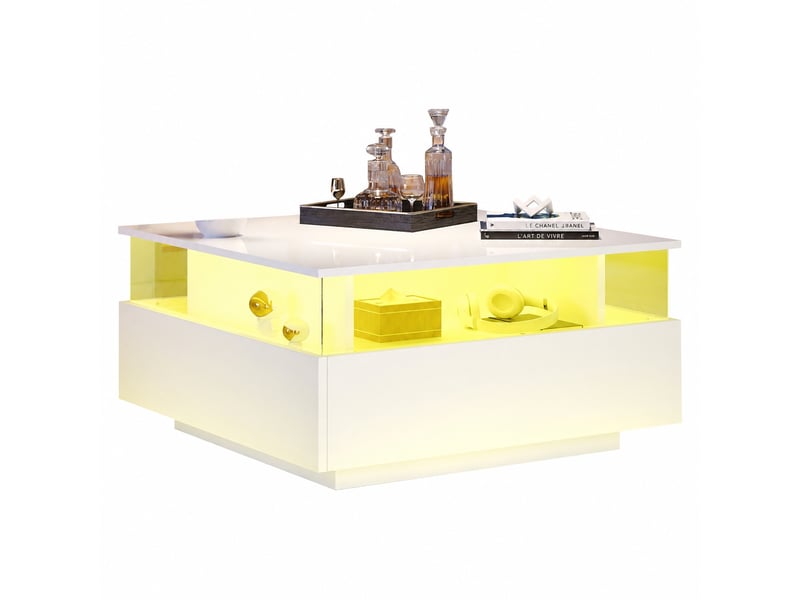  Table basse led blanche avec 2 tiroirs, vitrine acrylique, plateau brillant, 70 x 70 x 41 cm, blanc  - Conforama A