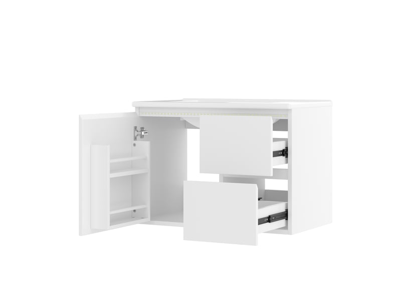 Meuble vasque mural salle de bain blanc 76 cm avec lavabo intégré, led radar et 2 tiroirs silencieux - Conforama D