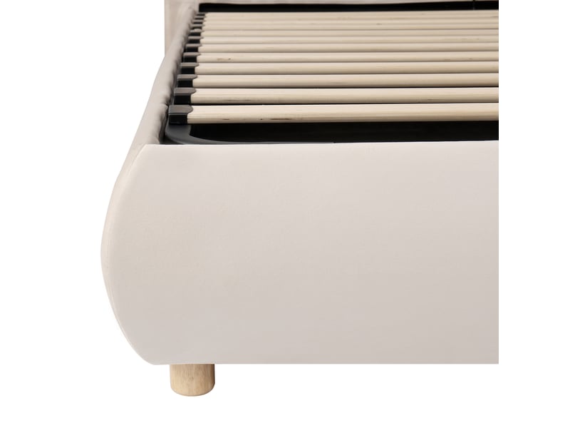  Lit double coffre 180x200cm, pieds en bois, tête de lit, sommier, lit adulte, tissu en velours, couleur crème, sans matelas  - Conforama D