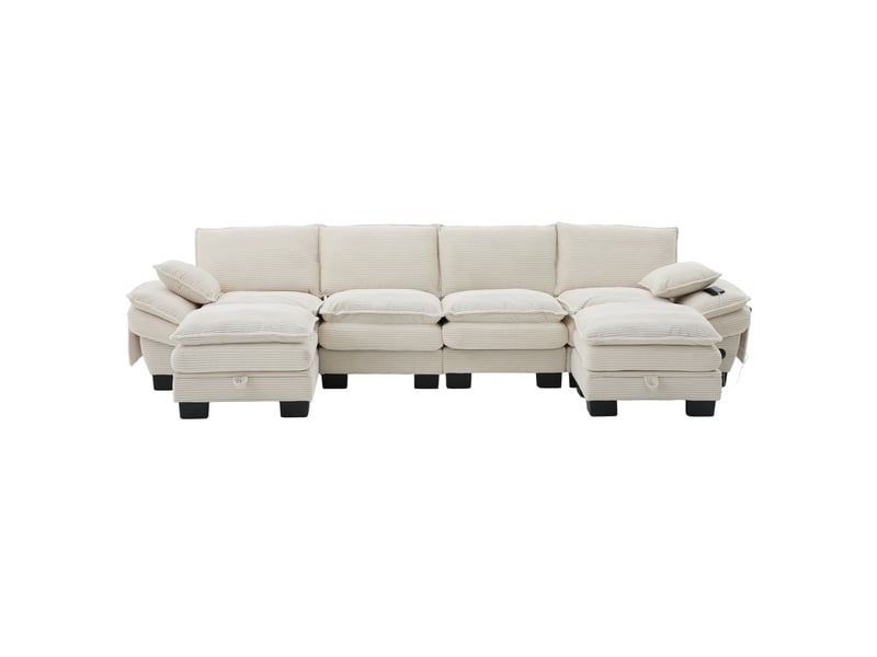 Canapé d'angle 4 places en velours côtelé beige avec usb-c et rangement intégré sous les poufs - Conforama A