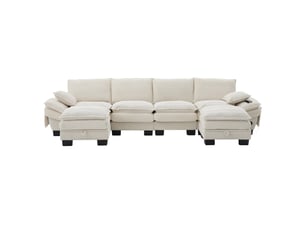 Canapé d'angle 4 places en velours côtelé beige avec usb-c et rangement intégré sous les poufs