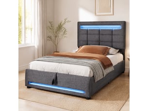 Lit coffre ulevr 90 x 200 cm avec led, commande app, rangement hydraulique, port usb, lit rembourré en lin gris, sans matelas