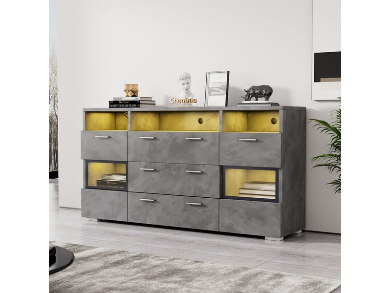  Meuble rangement buffet 140 cm led acrylique gris 2 portes 3 tiroirs salon moderne homvra  - Conforama C