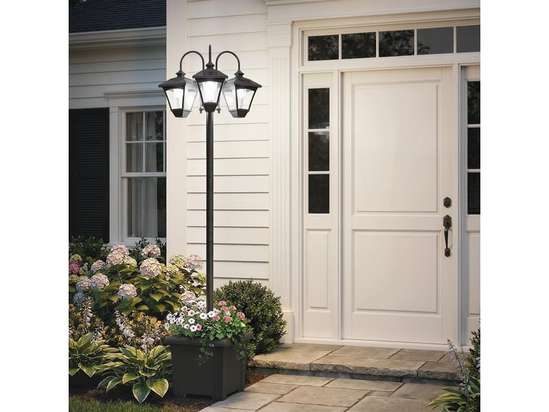  Lampadaire solaire avec pot de fleurs, hauteur réglable jusqu'à 185 cm, lanterne de jardin extérieure à 3 têtes d'éclairage, contrôle de la lumière  - Conforama C