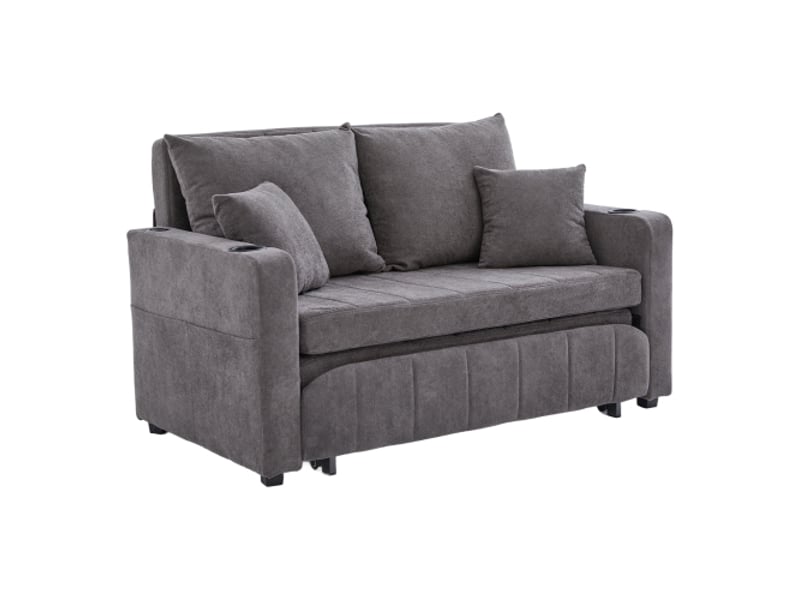  Canapé multifonction en tissu gris chenille, convertible, canapé-lit, rangements sur accoudoirs, usb et porte-gobelets  - Conforama A