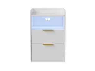 Table de chevet 40x40x60 cm avec station de charge et led, 3 tiroirs de rangement, meuble de chambre en bois, style moderne, blanc