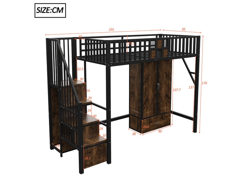  Lit mezzanine 90x200 cm avec armoire, tiroirs et échelle de rangement noir  - Conforama C